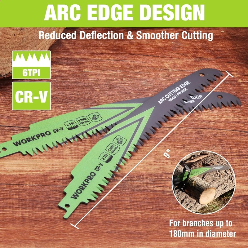 WORKPRO 3PC 9" Arc Wood Pruning Reciprocating Saw Blades Set 6TPI Japanese Teeth gallery