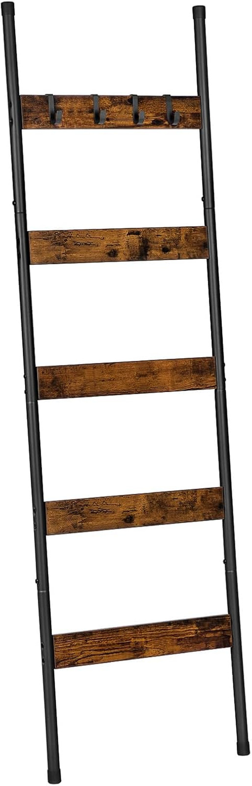 5 Tier Blanket Ladder Towel Rack with Hooks Rustic Brown Black Shelf gallery