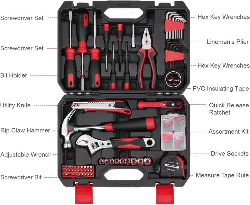 Essential 128-Piece DIY Tool Set with Storage Toolbox - Black & Red EVHT12801 gallery