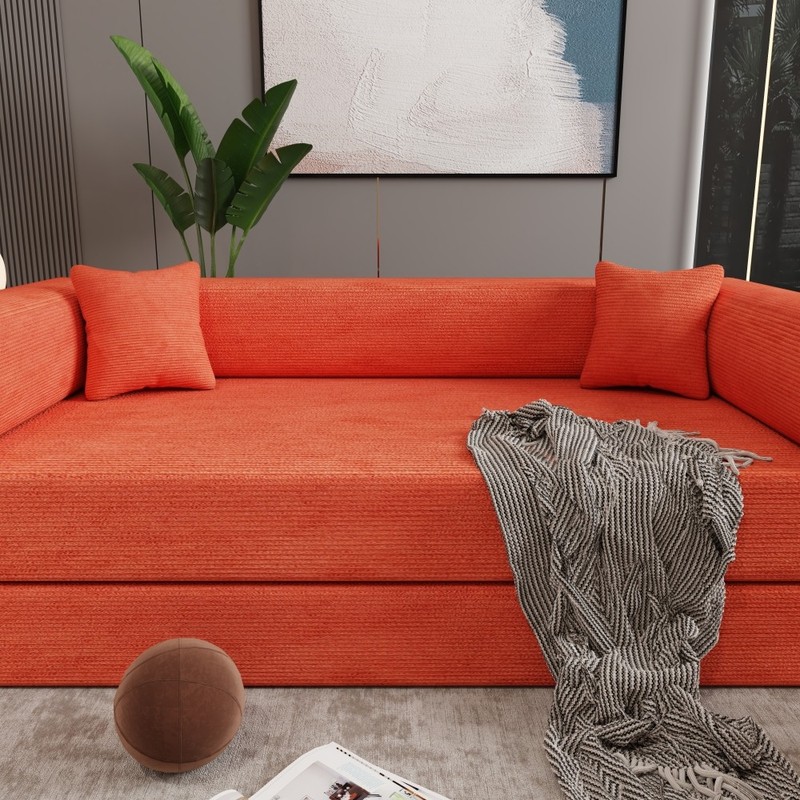Sleeper Sofa Bed 2-Seater Convertible Couch Corduroy Foam Orange gallery