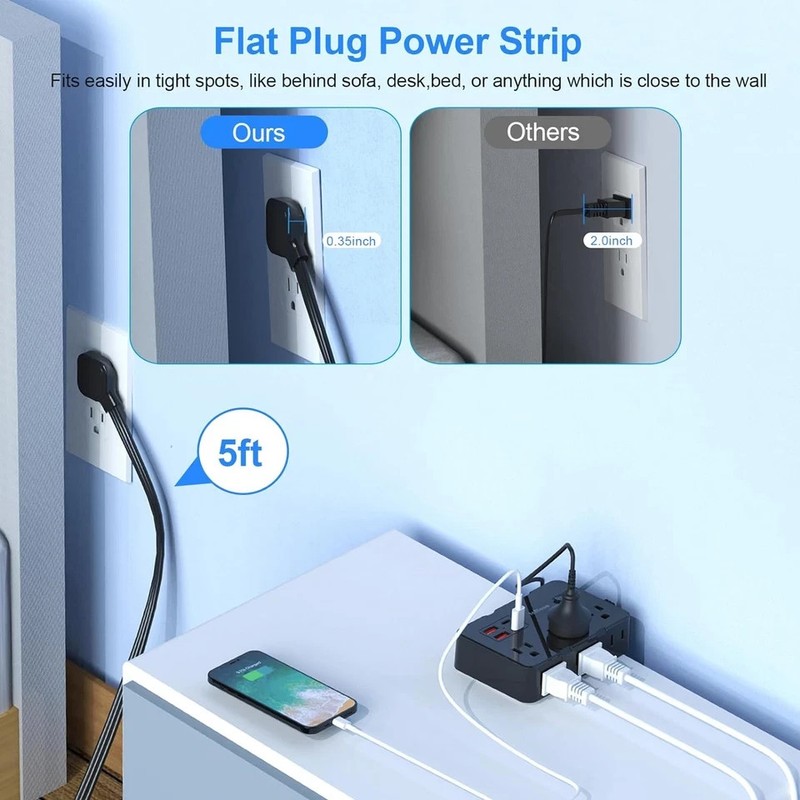 Flat Plug Power Strip Surge Protector, 5Ft Ultra Thin Extension Cord with 4 USB gallery