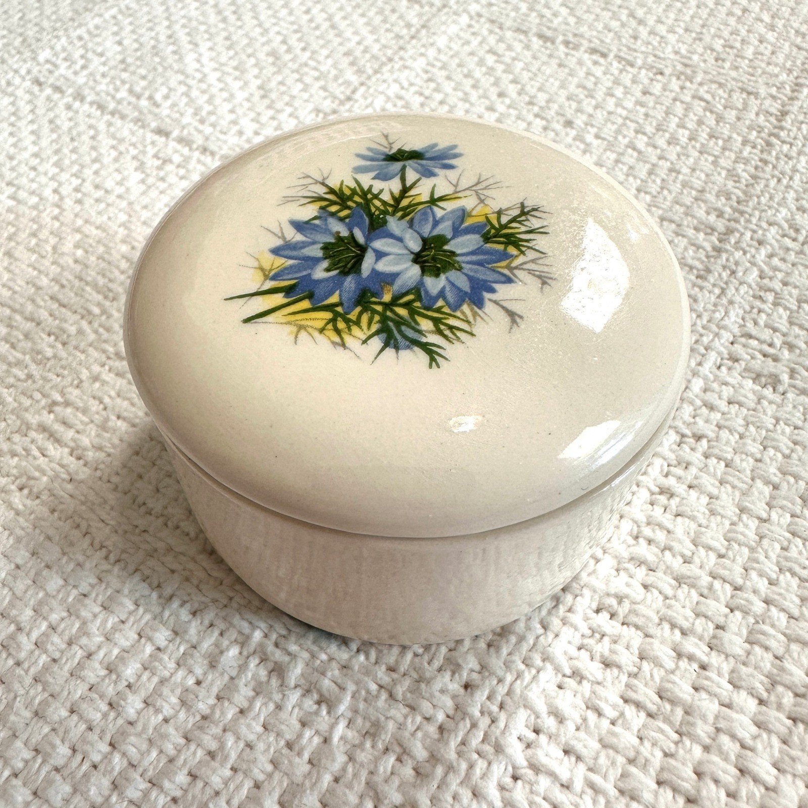 VTG Ceramic Trinket Box Blue Floral Hand Painted Round Jewelry Dish Cottagecore gallery