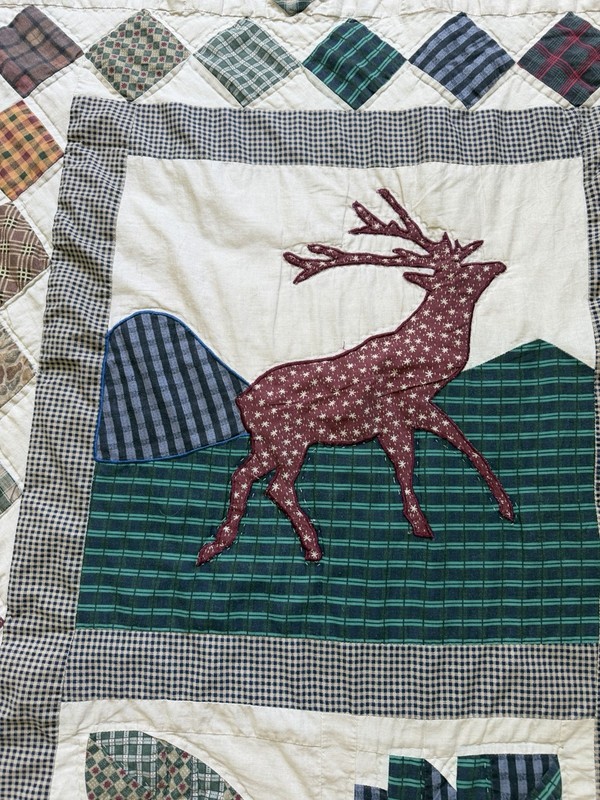 Vintage Patchwork Quilt 81x83” Cabin Deer Trees Plaid Rustic Lodge Bedding gallery