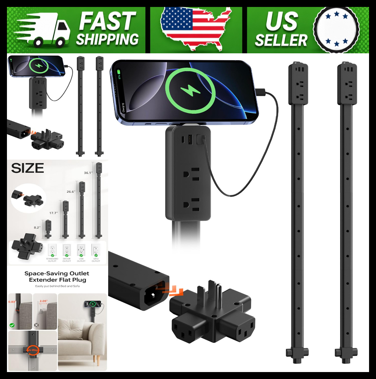 2-Pack Black Electrical Outlet Extender Stick 4-Way Flat Plug 8"-36 gallery