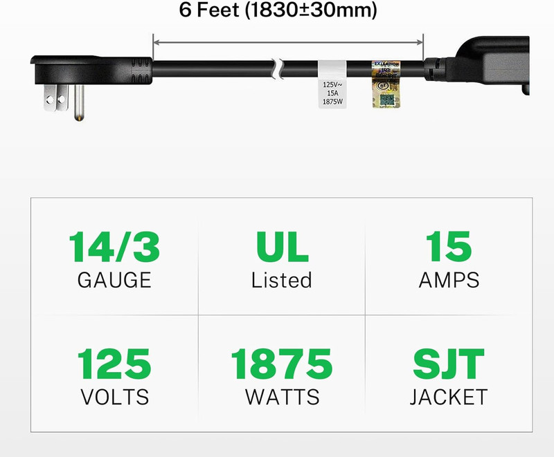 6Ft 15A Low Profile Flat Plug Extension Cord 14 AWG Black gallery