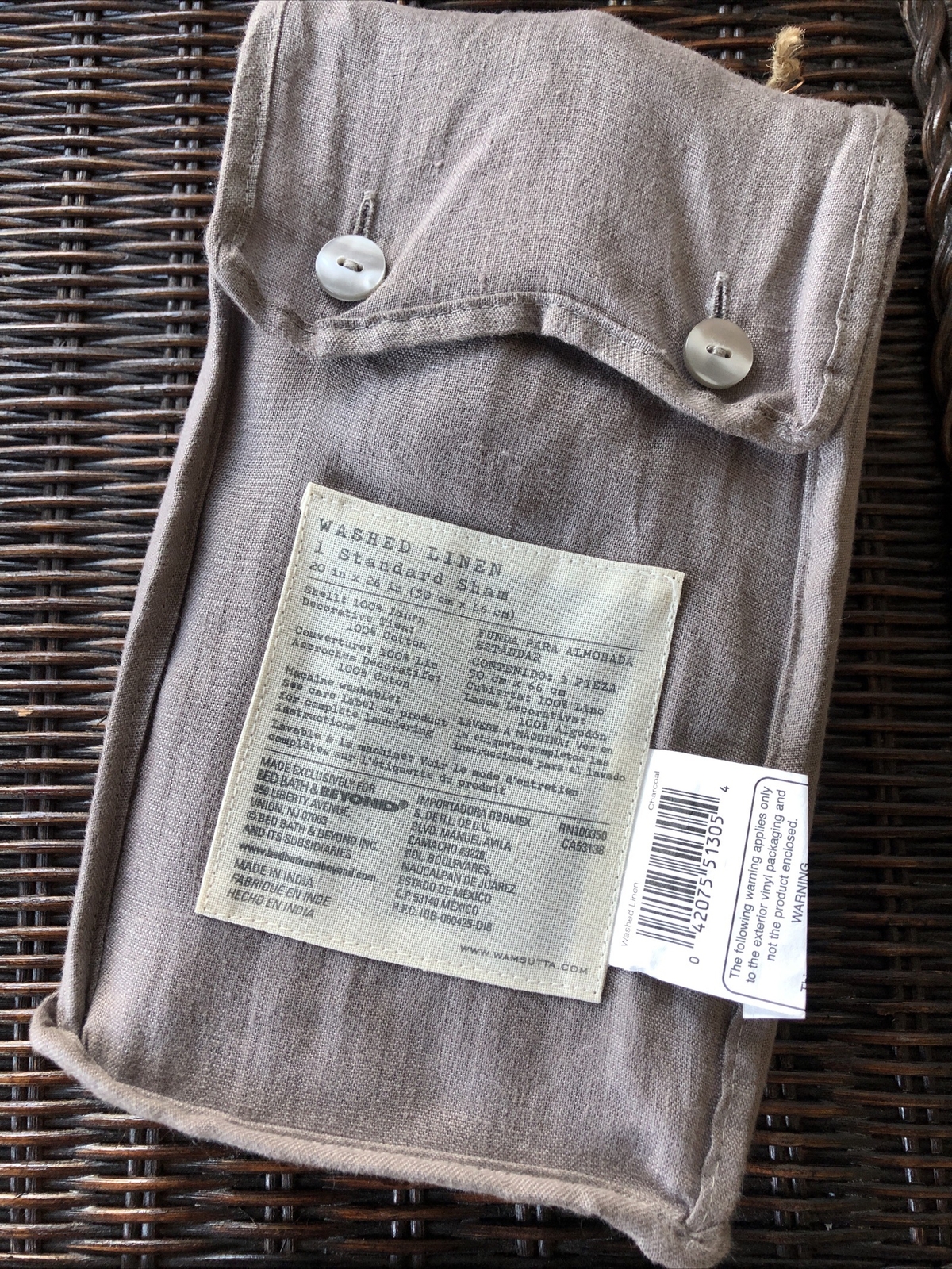 New Wamsutta Washed Linen Belgian Flax Standard Sham CHARCOAL Grey Lace Ties gallery