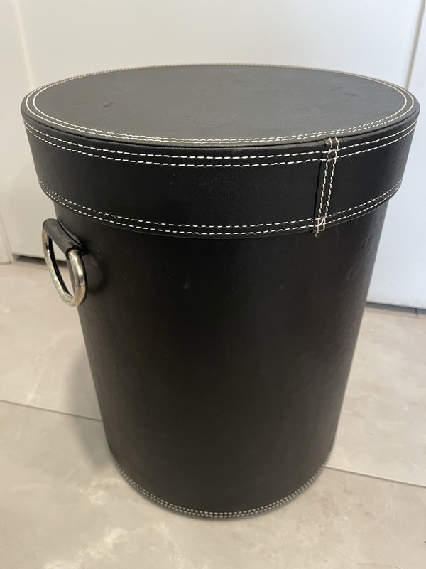Vintage Black Round Leather Storage Bin 15” X 11 1/2” Velvet Lined Hard Shell gallery