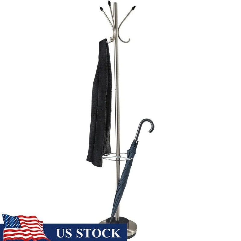 Coat Rack W/ Umbrella Stand 6 Hooks 69in Tall Brushed Steel Storage Solution New gallery