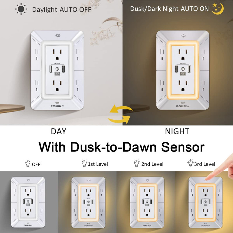 Multi Plug 6 Outlet Surge Protector Extender with 3 USB Ports (1 USB C) and Nigh gallery