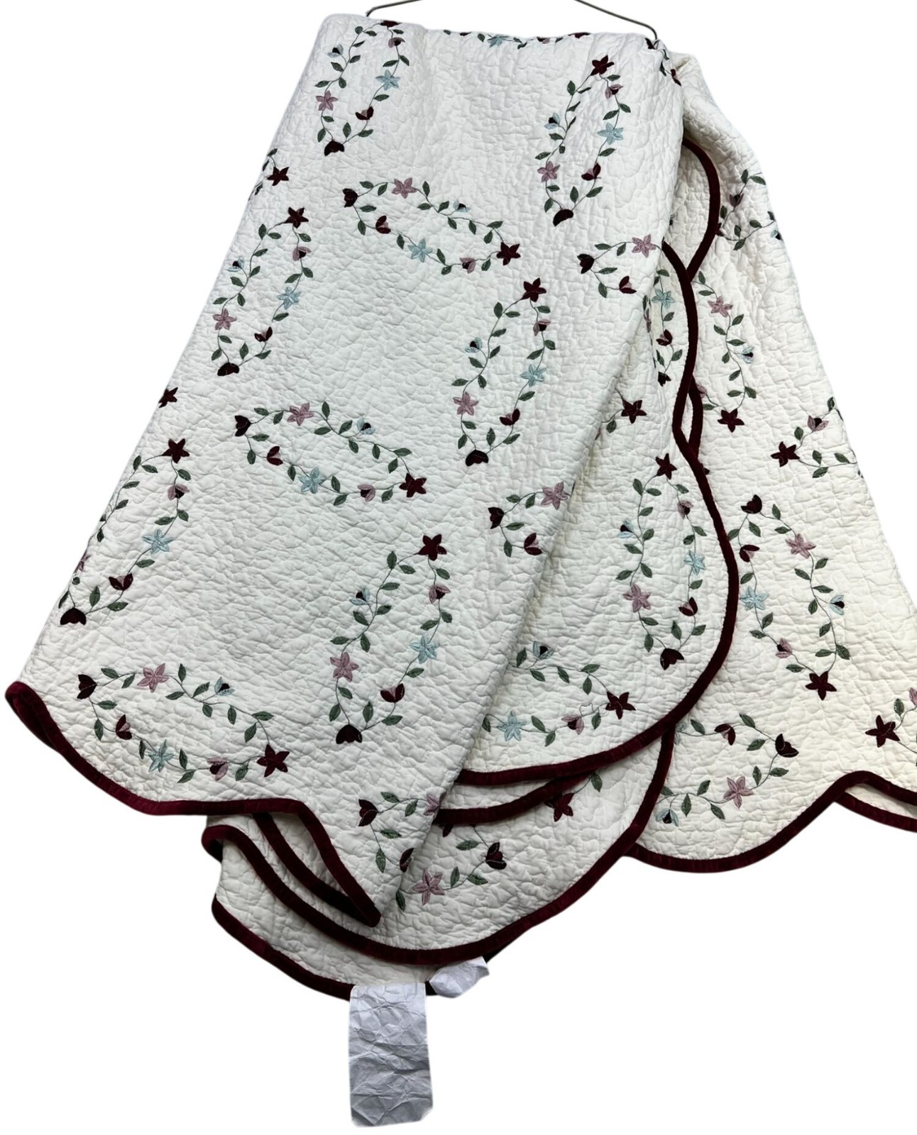 Traditional Embroidered Multicolor Floral Cotton Quilt White Red Trim Bedding gallery