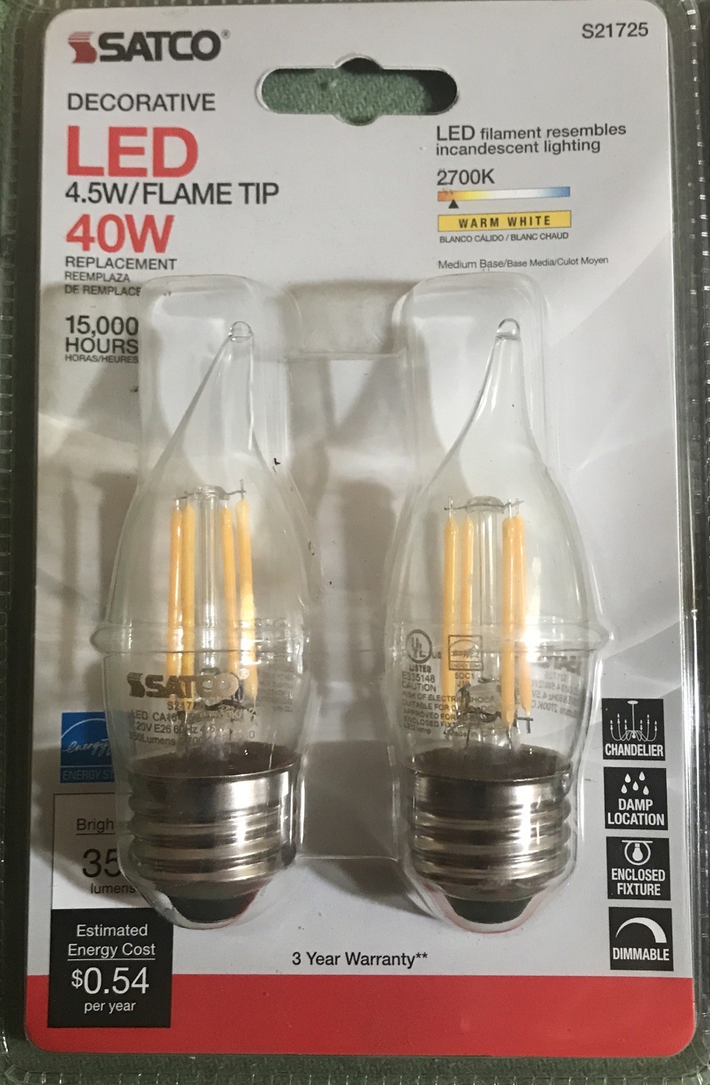 Satco LED Flame Tip 4.5W 40 Watts,Decorative Light Bulbs,dimmable,standard Base gallery