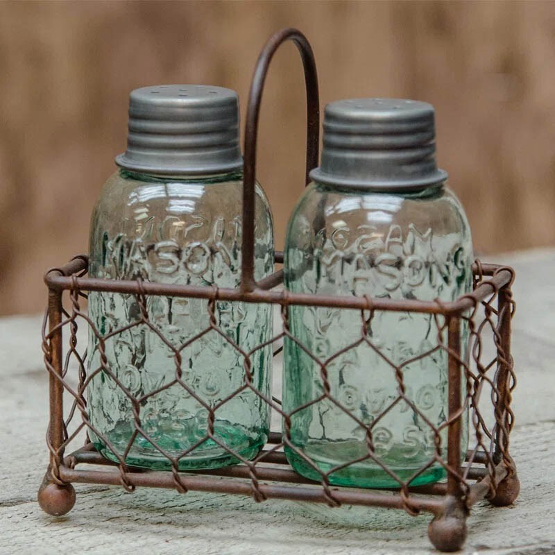 NEW Rustic Chicken Wire Caddy with Miniature Mason Jar Salt & Pepper Shakers gallery