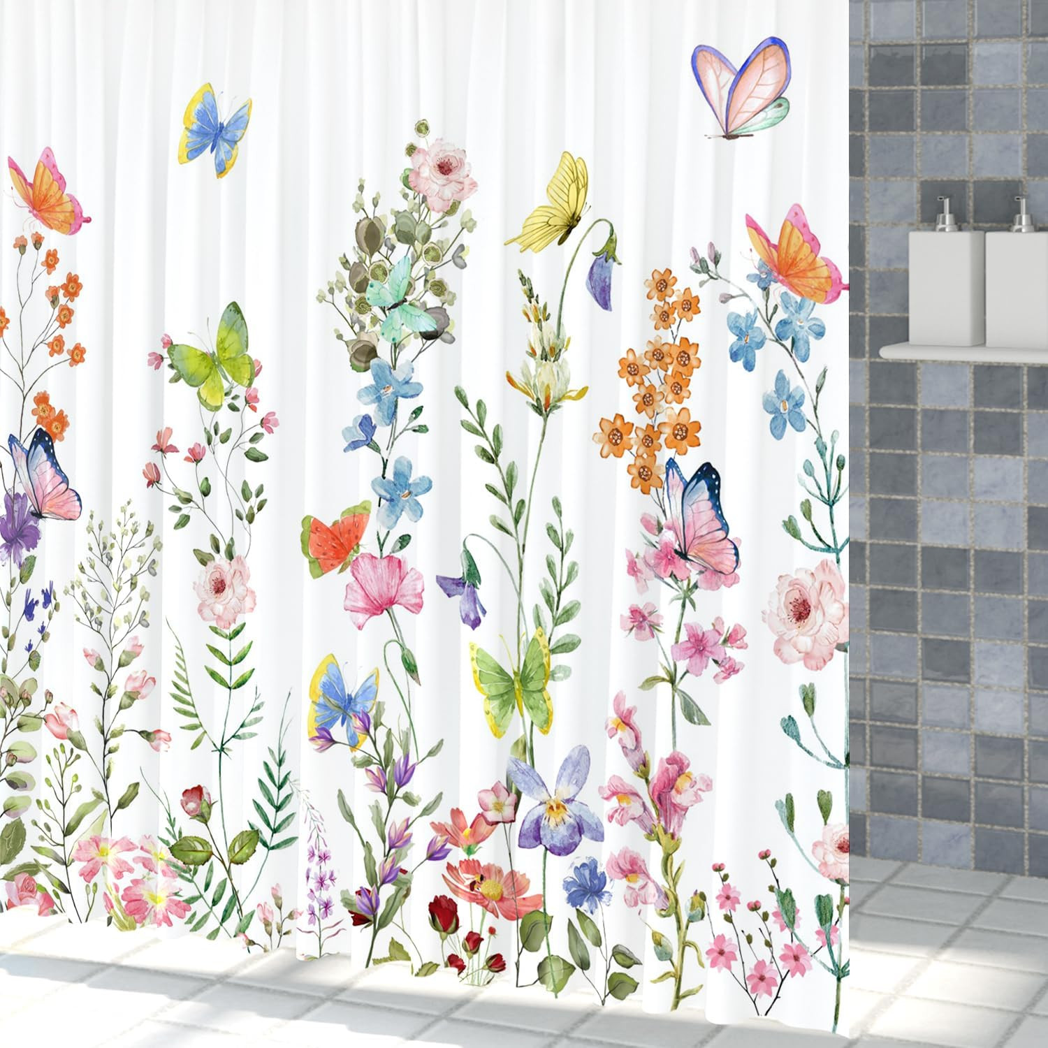 Spring Floral Butterfly Shower Curtain Summer Colorful Wildflowers Botanical Sho gallery