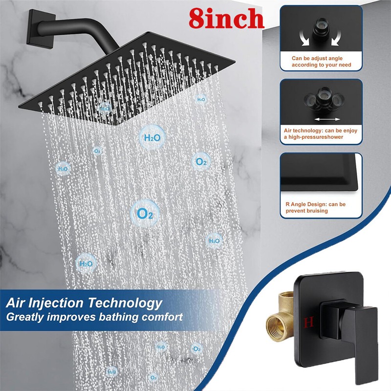 8" Rainfall Shower Head Combo System with Mixer Valve Kit Shower Faucet Black gallery