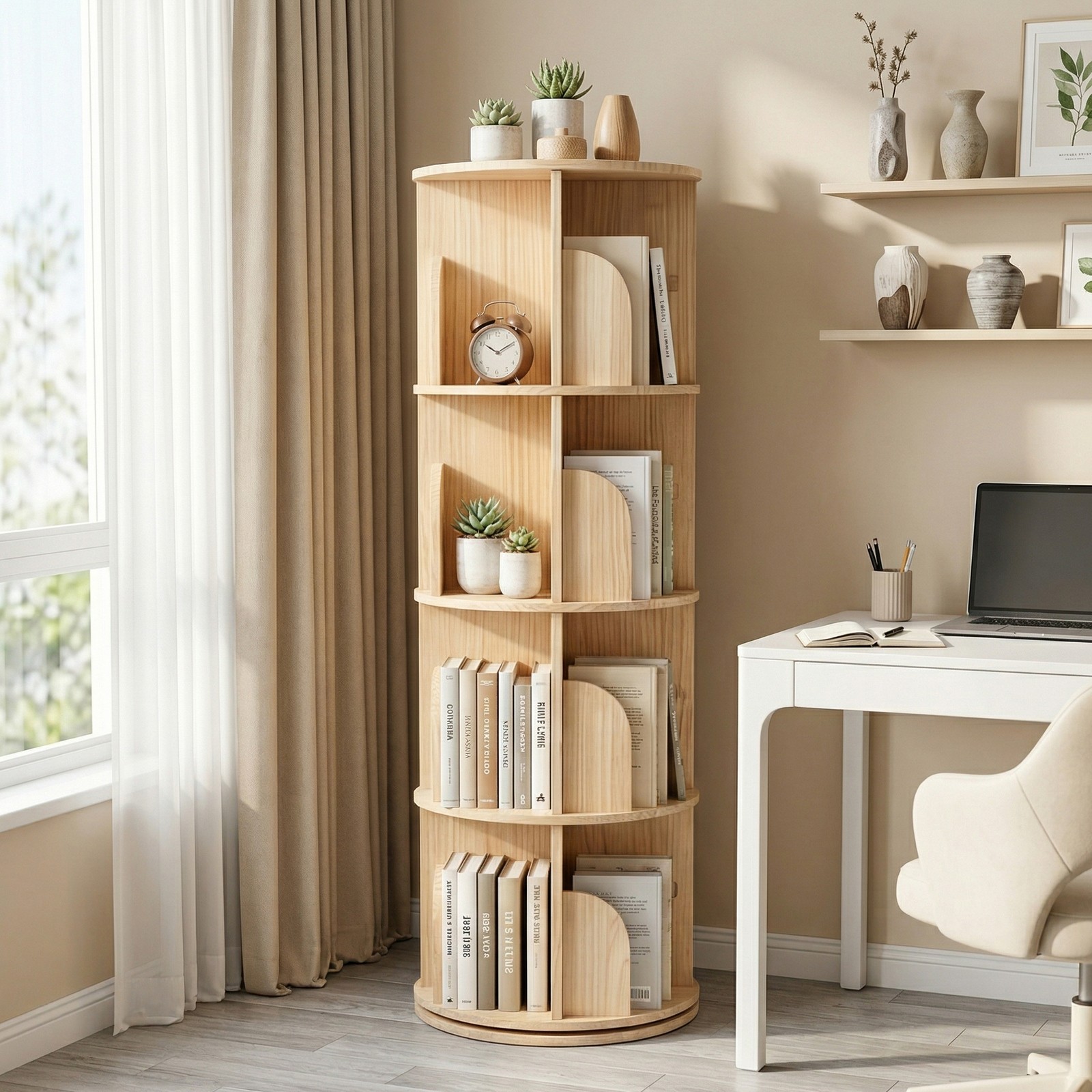 4 Tier Round Floor Standing Bookcase with 360° Spinning Design Display Shelf gallery