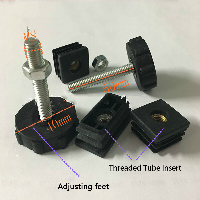 Adjustable Table Feet & Threaded Tube Insert Sets For Square Tube Black All Size gallery
