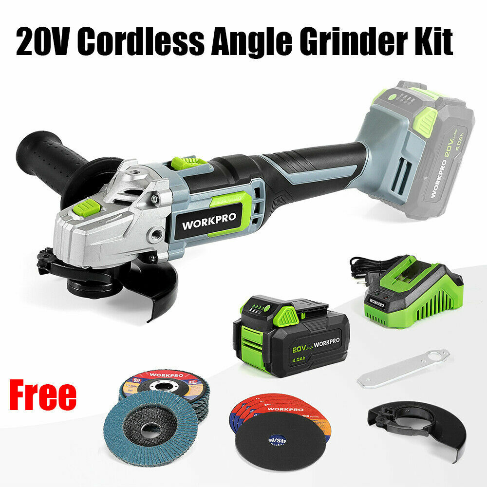 WORKPRO 20V Cordless Angle Grinder Kit w/ 4.0Ah /10PK Metal Grinding Wheels gallery