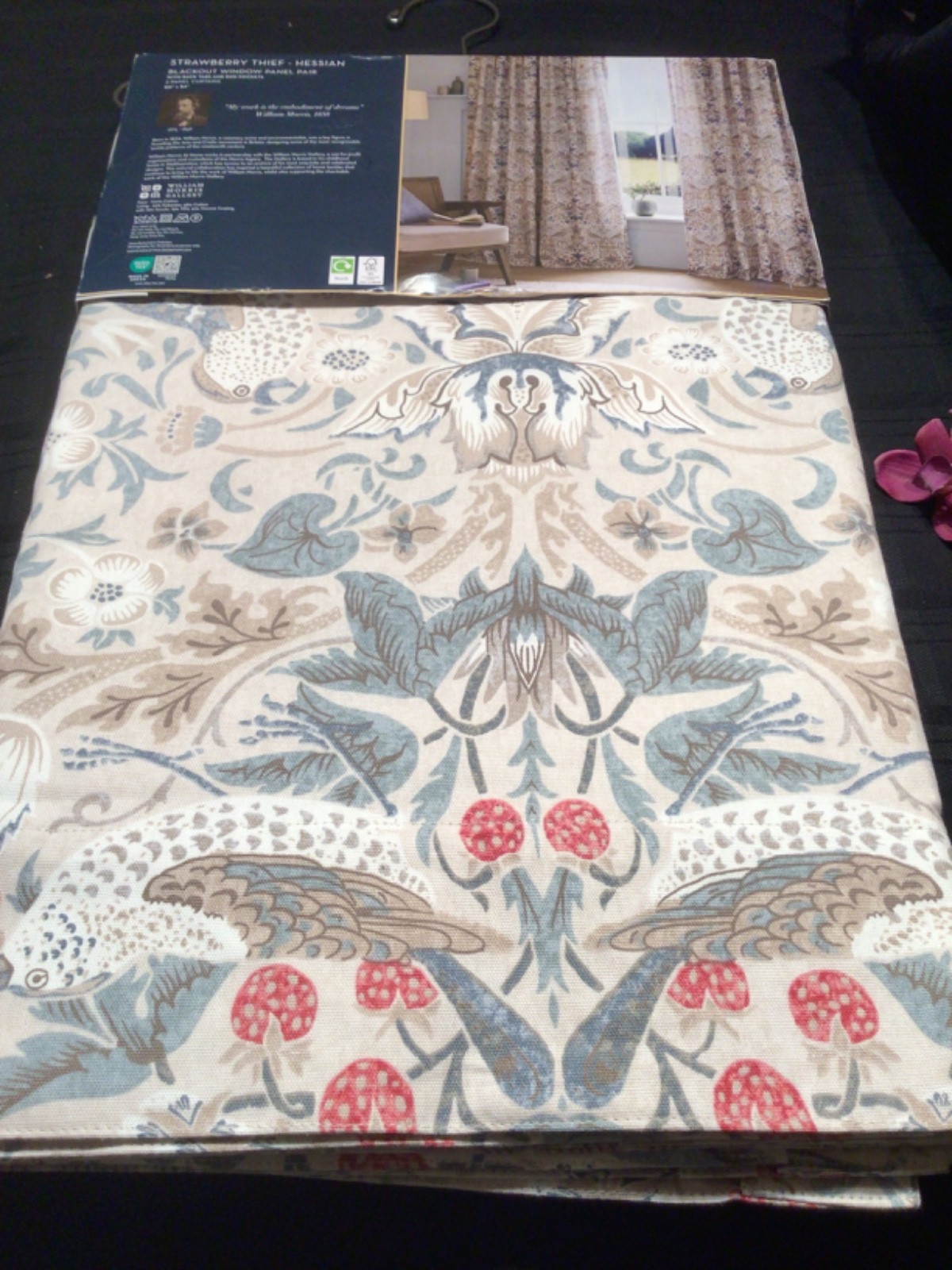 William Morris 2pc BLACKOUT Strawberry Thief Hessian Window Curtains 50x84 Heavy gallery
