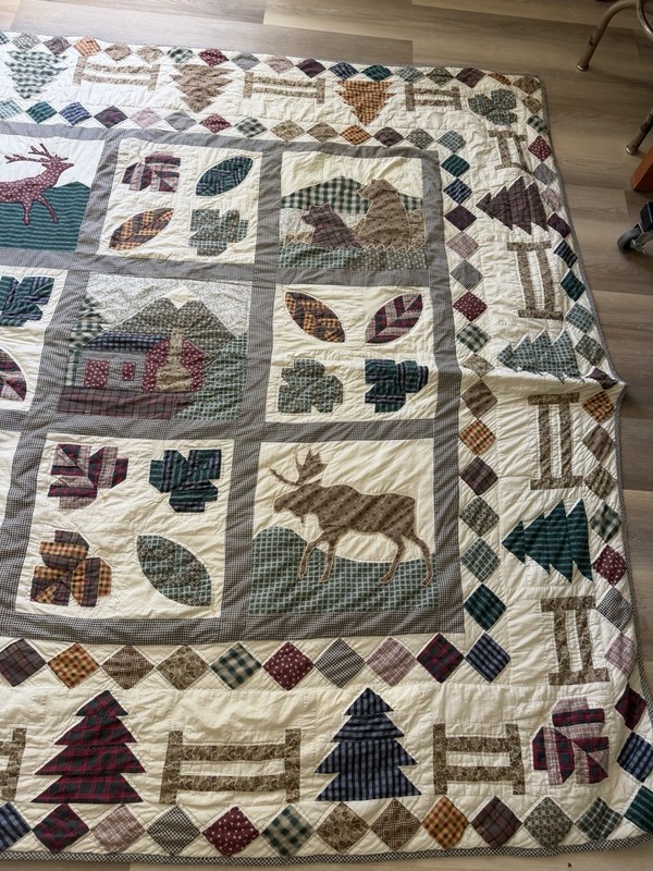 Vintage Patchwork Quilt 81x83” Cabin Deer Trees Plaid Rustic Lodge Bedding gallery