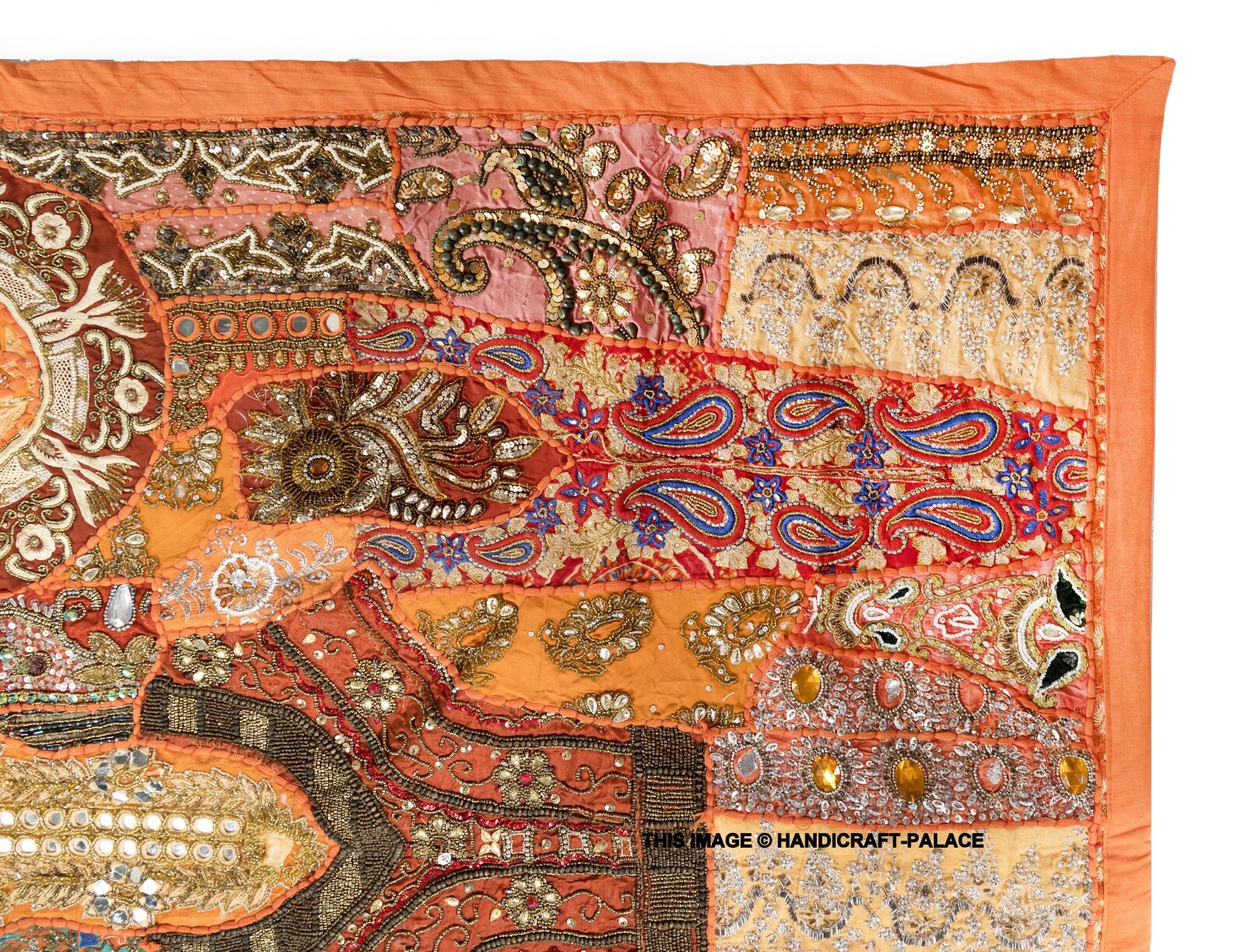 60" ORANGE HANDCRAFTED VINTAGE DÉCOR BEAD ZARI KUNDAN SARI TAPESTRY WALL HANGING gallery