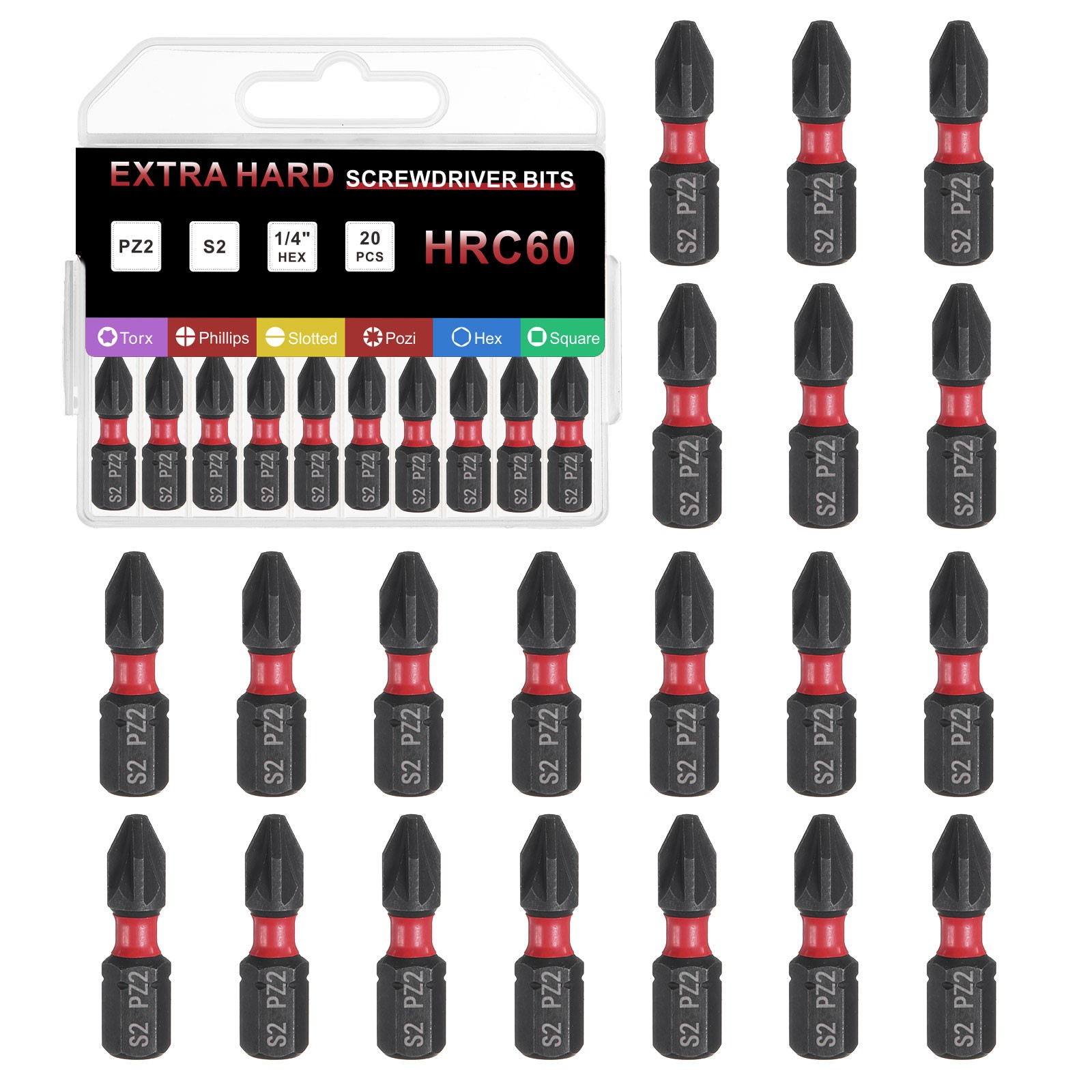 20pcs PZ2 Magnetic Pozi Screwdriver Bit 1/4" Hex Shank 25mm Length S2 Steel gallery
