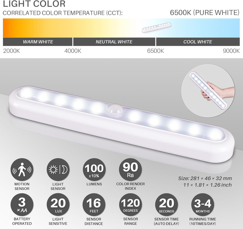 11” Motion Sensor LED Lights - Battery Operated, 2 Pack for Indoor Use gallery