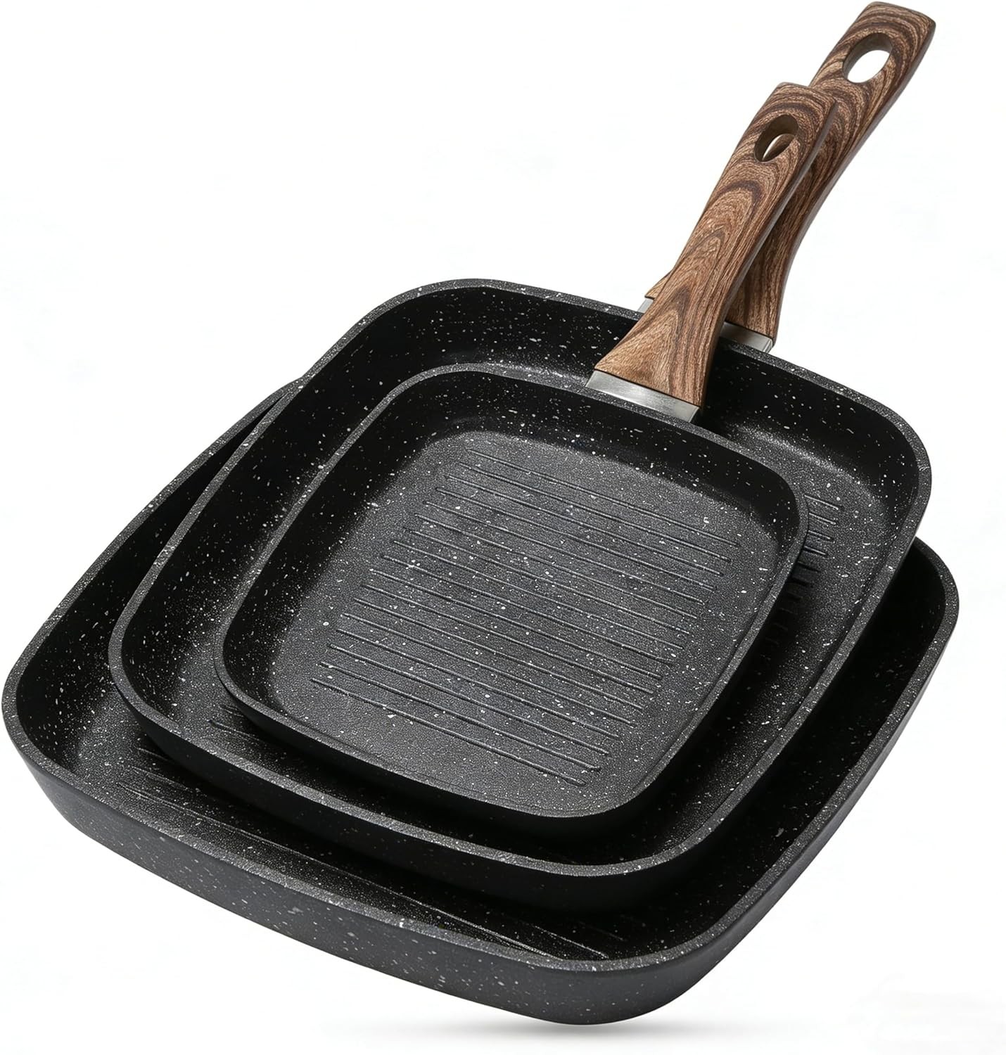 3 Pieces Nonstick Grill Pan Set, Square Versatile Griddle Pans with Wooden gallery