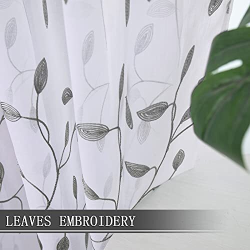 Leaves Sheer Valance Curtains Leaf Embroidery Bedroom Curtain 54"W x 16"L Grey gallery