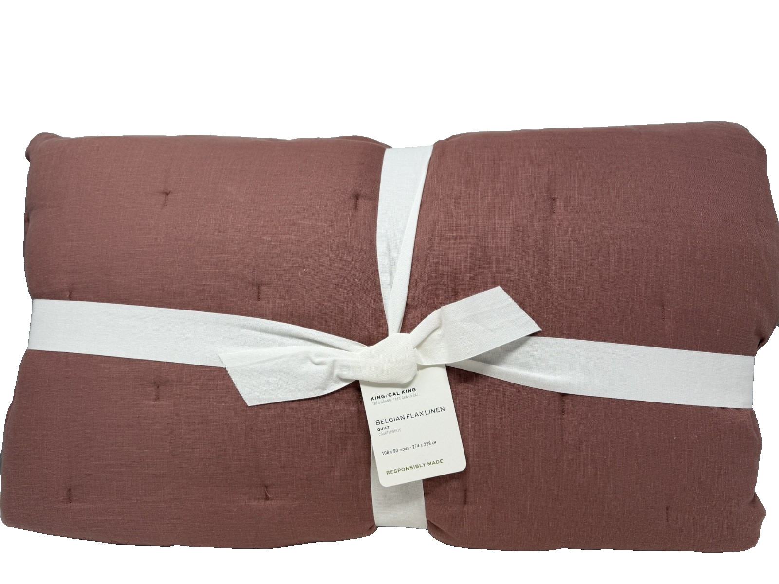 New Pottery Barn Belgain Flax Linen Tufted KING Quilt & 2 King Shams ~Rosewood~ gallery
