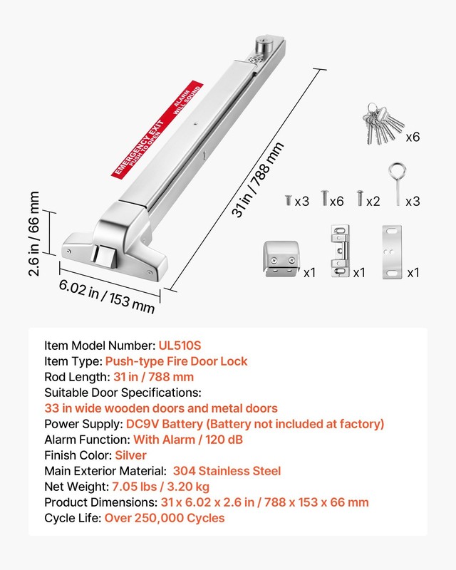 Push Bar Panic Exit Device, 31" Stainless Steel Commercial Panic Bar for Exit Do gallery