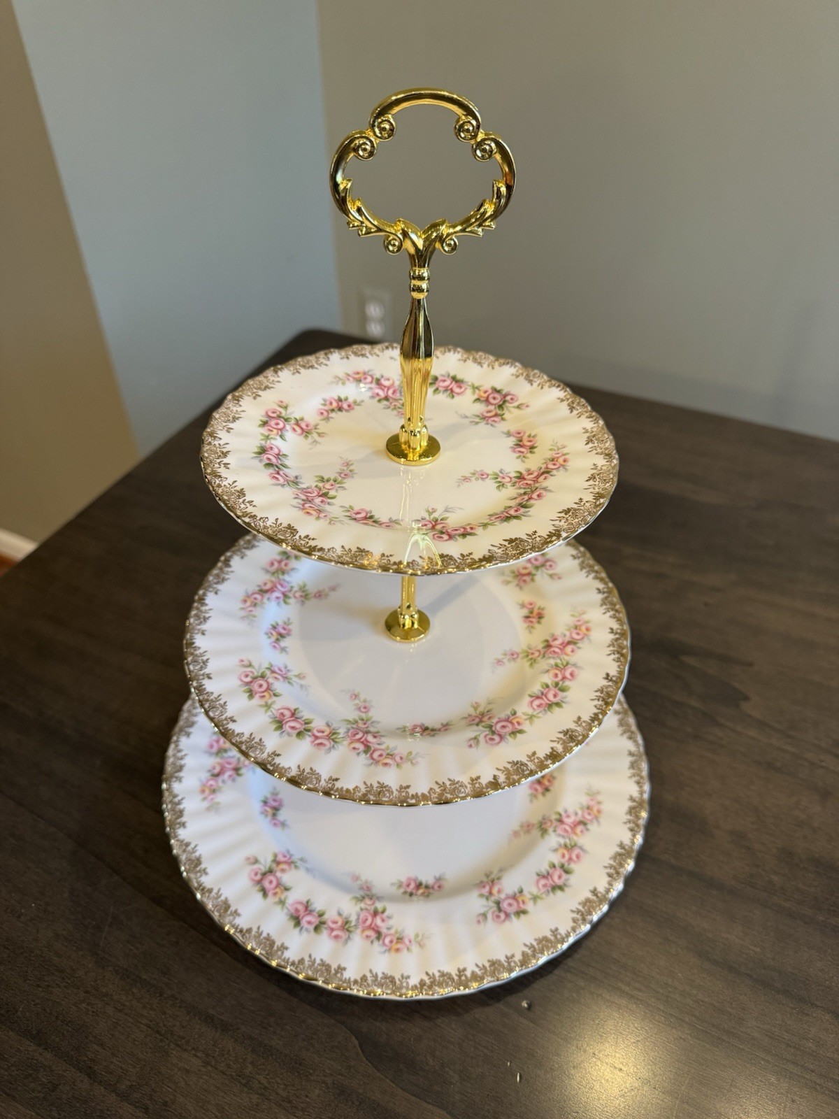 Royal Albert Dimity Roses 3- Tier Cake Dessert Stand England gallery