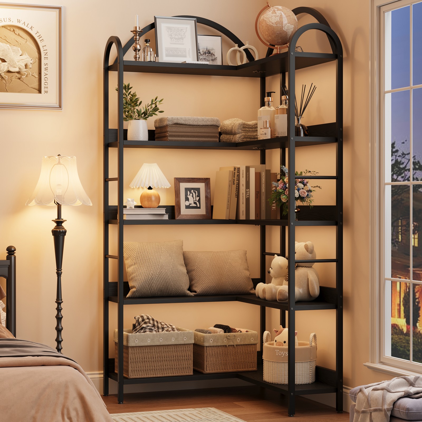 5-Tier Large Arched L-Shaped Corner Bookcase Storage Display Shelf Black gallery
