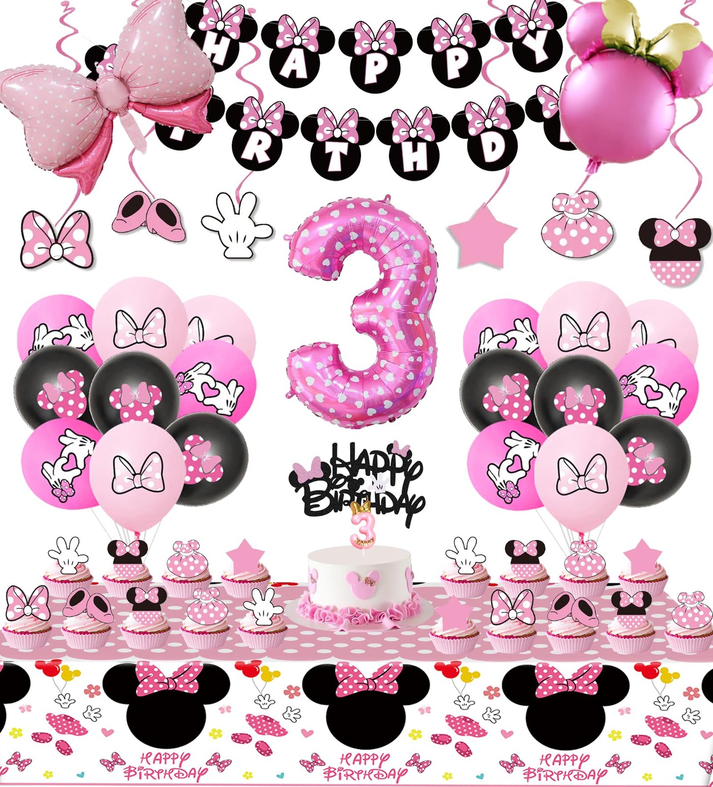 Pink Mouse 3rd Birthday Party Supplies, Three Years Old Girl Bow Party Decora... gallery