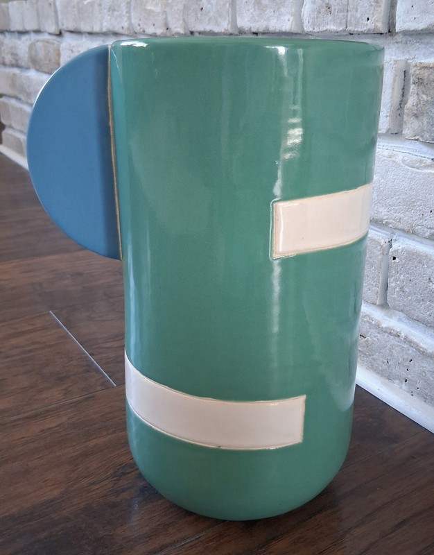 Large Postmodern Studio Pottery Vase Teal Blue White Memphis Style 12" Signed JJ gallery