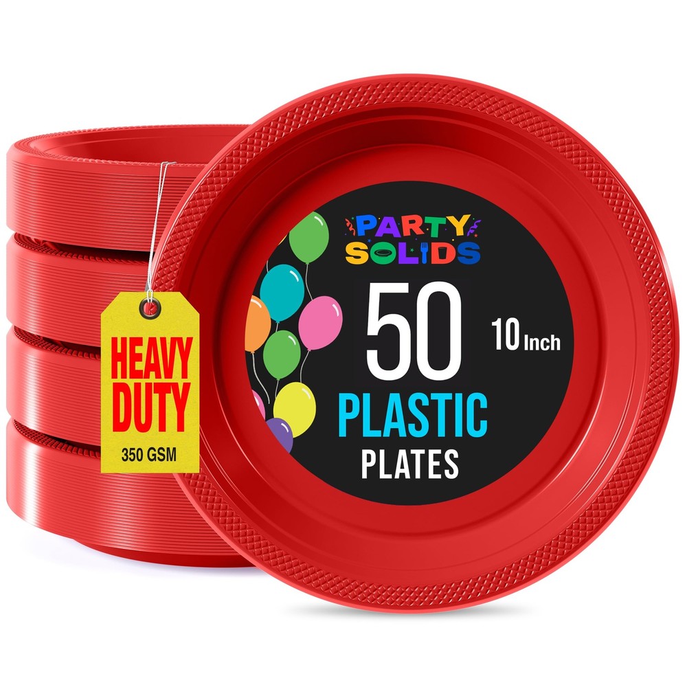 Exquisite 10 Inch. Red Plastic Plates - 50 Count - Round Solid Color Disposable