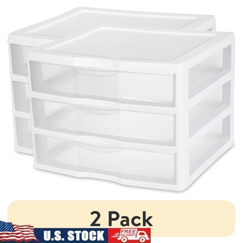 2 Pack Plastic Wide 3 Drawer Storage Unit Organizer Home Office Crafts New gallery