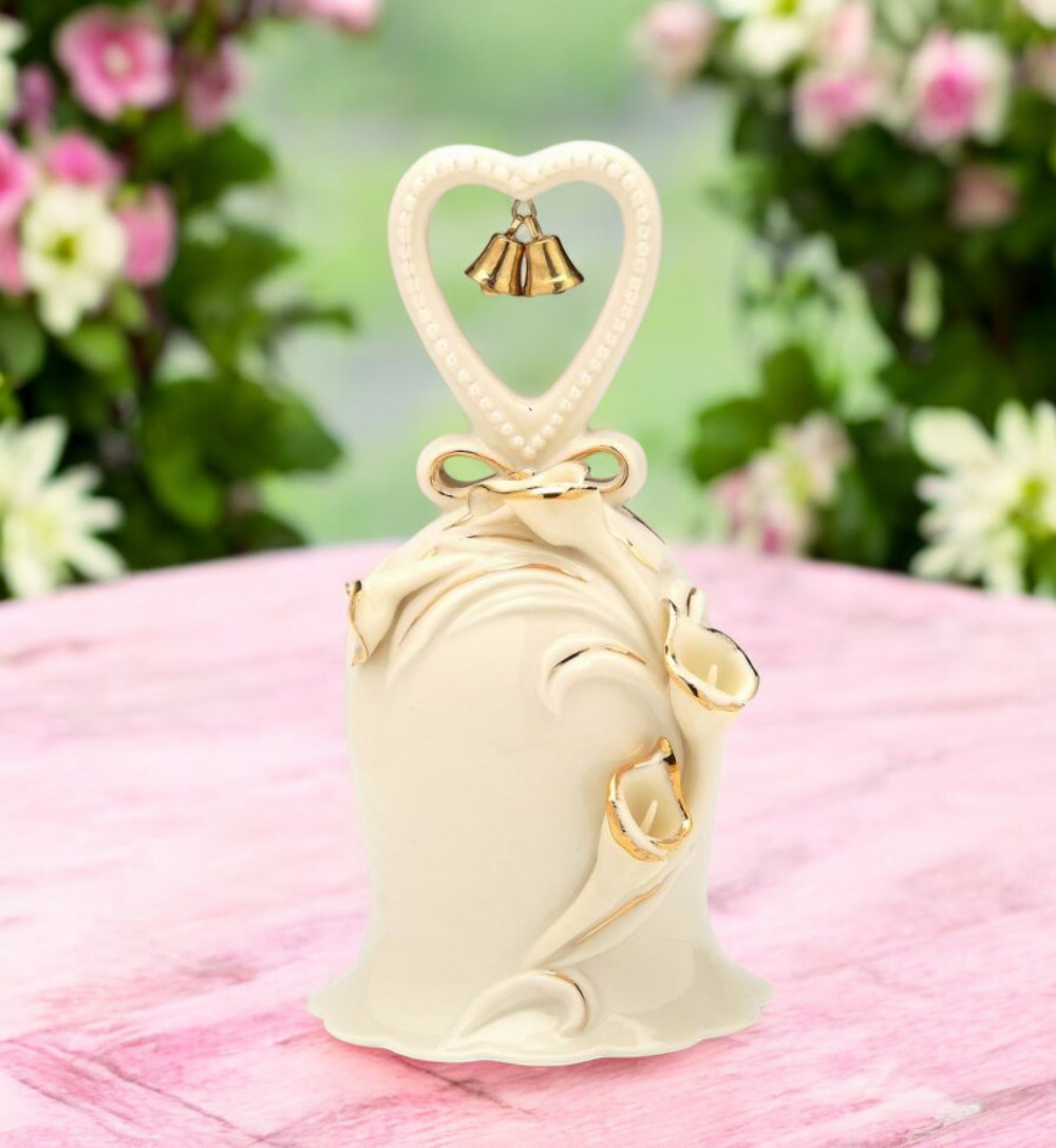 Ivory Ceramic Bell with Calla Lily Flowers and Golden Accents, Wedding Decor, An gallery