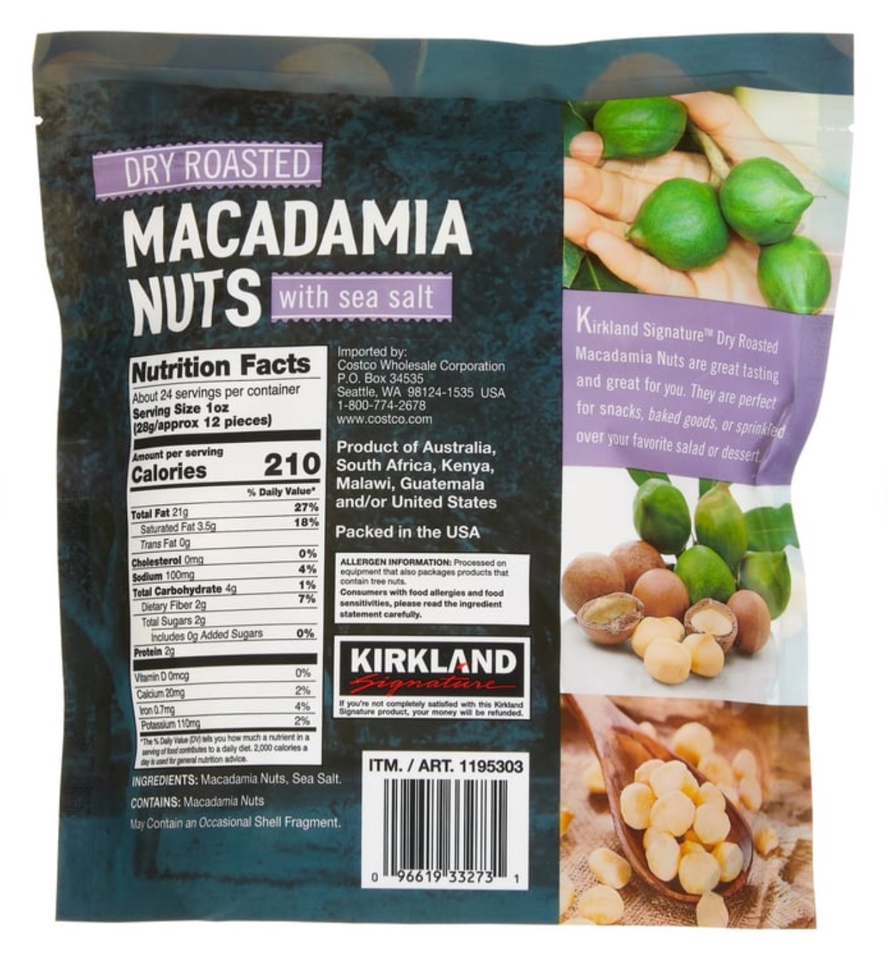 Kirkland Signature Dry Roasted Macadamia Nuts Sea Salt 24oz Bag 1.5lb EXP 02/27 gallery