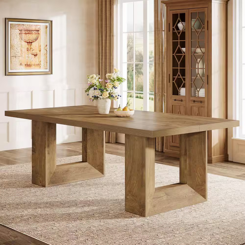 Rectangular Brown Wood 63 In. 4 Legs Dining Table with Strong Geometric Frame Se gallery