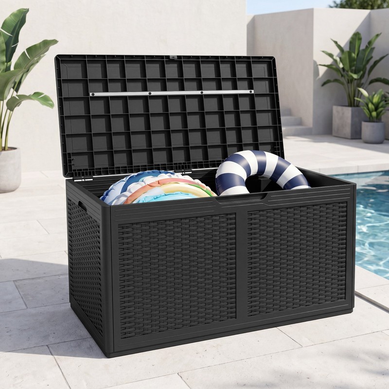100 Gallon Resin Deck Box with Lockable Lid Wheels for Pool Accessories gallery