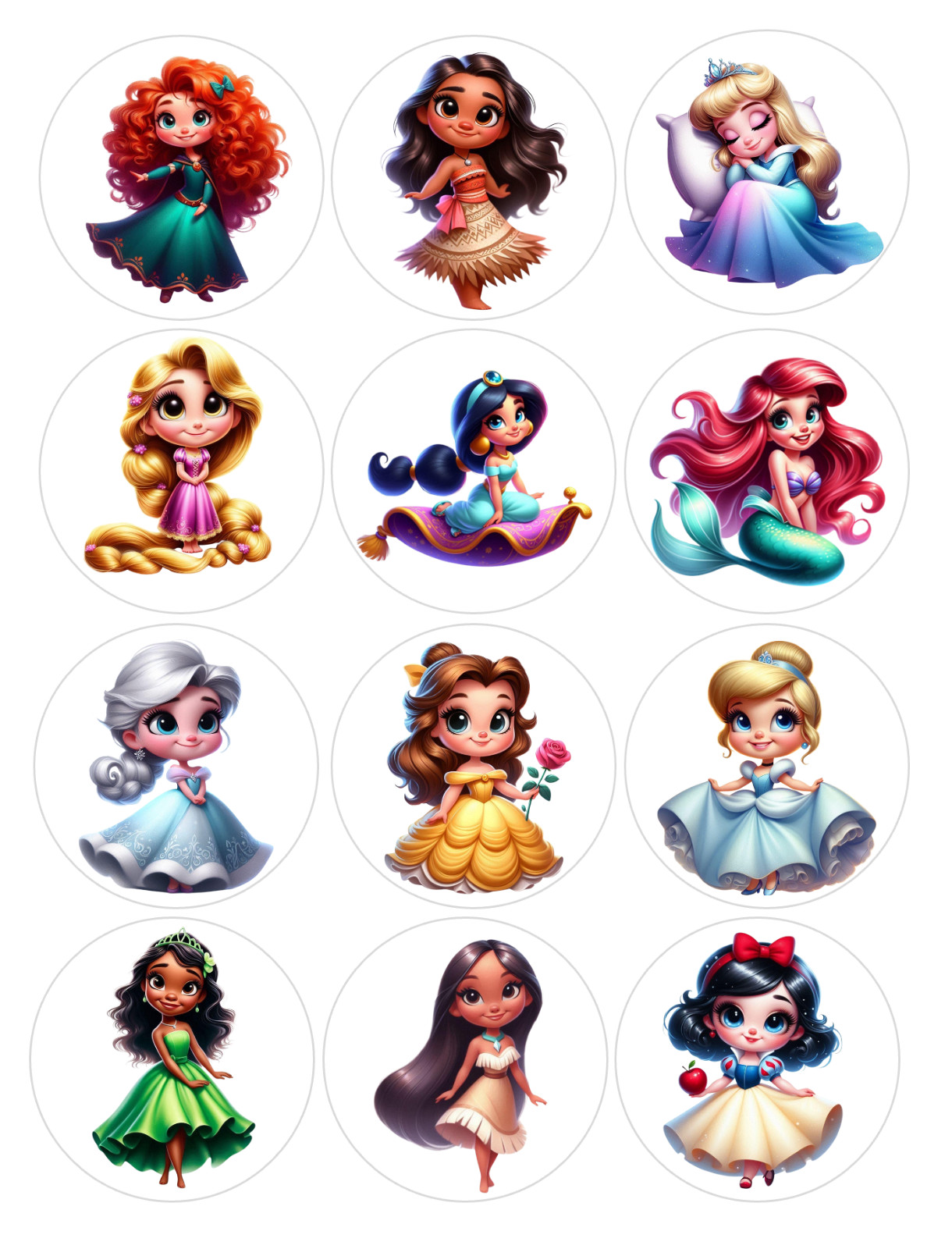 12 count Cartoon Princess Edible Image rounds, Wafer paper, pre cut, choose sz gallery