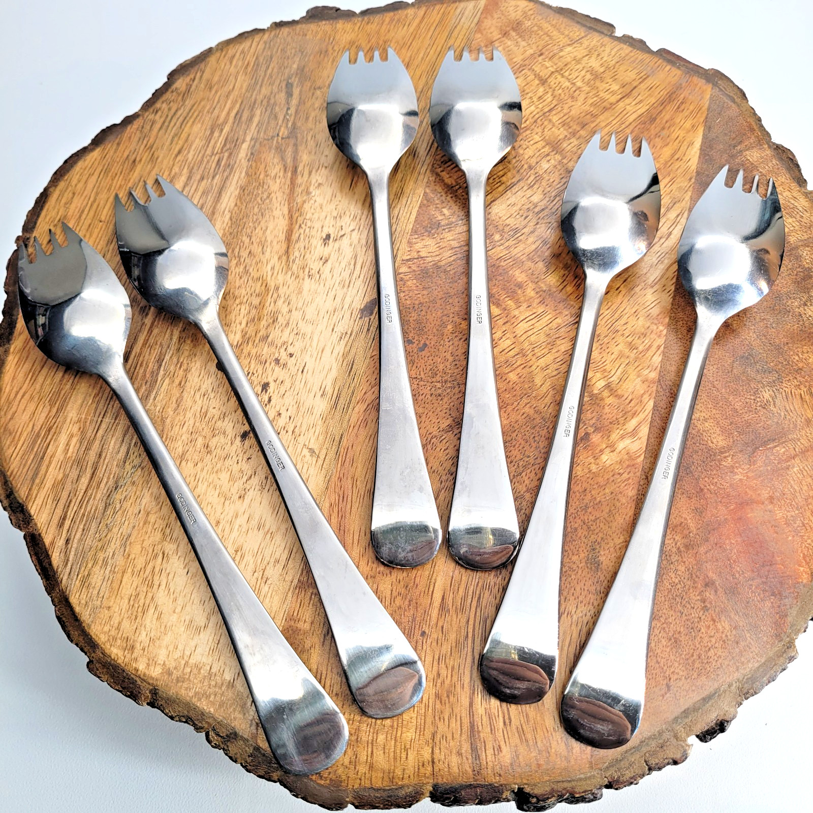 6- Godinger Modernist Stainless Dinner Forks Serrated Edge Sporks 7 5/8 in gallery