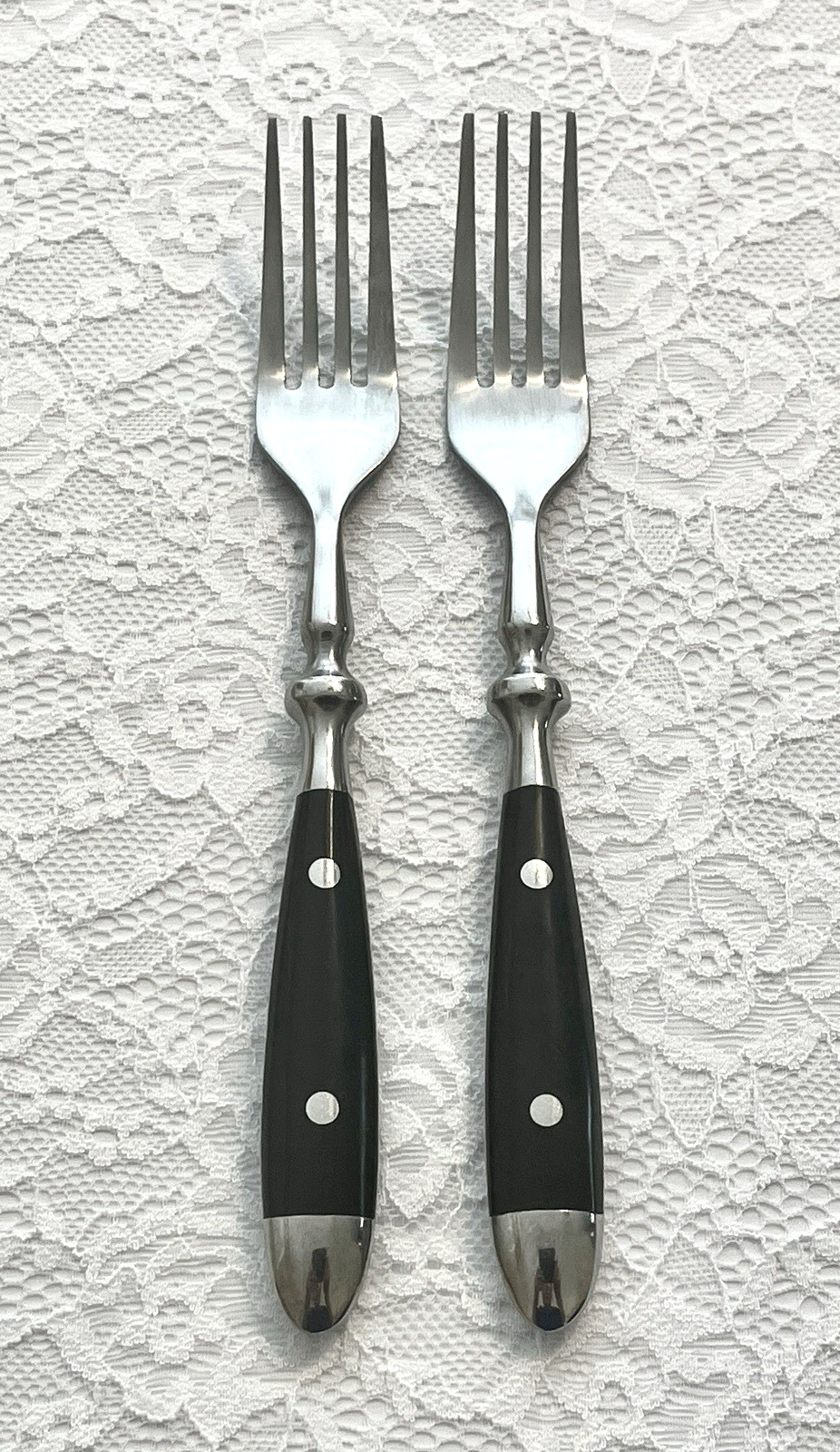 (2) Vintage ROSTREI Stainless 2 Rivet Black Handle Dinner Forks *FREE SHIPPING* gallery
