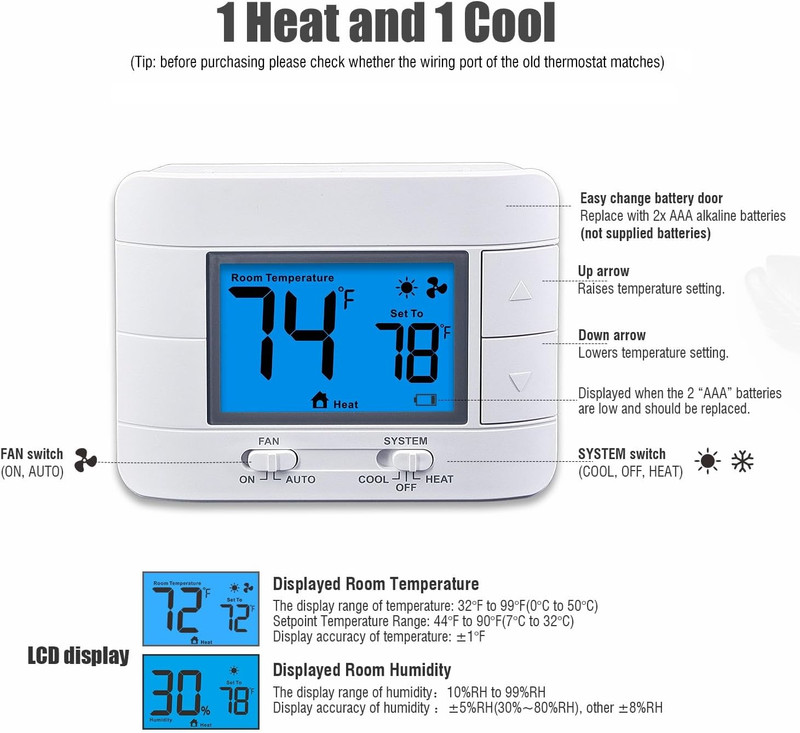 Non-Programmable Thermostats for House, Single-Stage 1 Heat/ 1 Cool, Simple Ther gallery