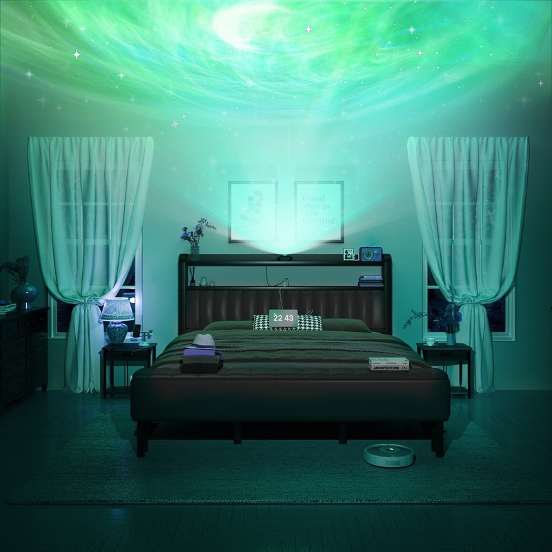 Full Size Bed Frame Upholstered with Starry Sky Light and Charging Station gallery
