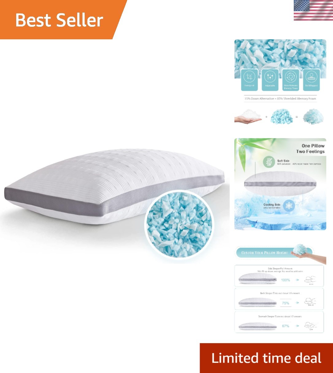 Adjustable Cooling Pillow Queen Size - Memory Foam for Back & Side Sleepers gallery