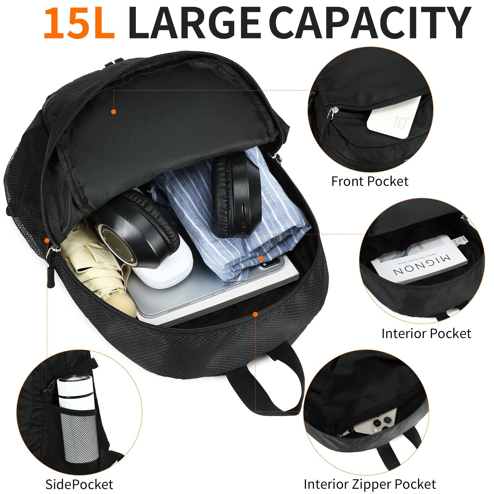 Small Hiking Backpack 15L Lightweight Packable Daypack Foldable Travel Black 4