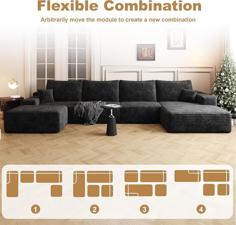 135"Boneless Couch Sectional Cloud Sofa Corduroy Left Facing Chaise with Ottoman gallery