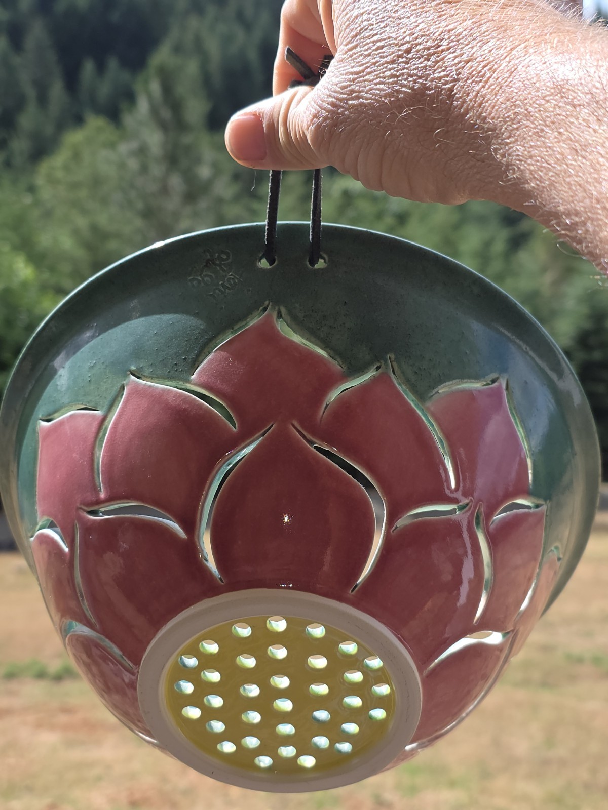 Vtg. Ceramic Hand Painted & Singed Lotus Flower Design Strainer Kitchen Decor gallery