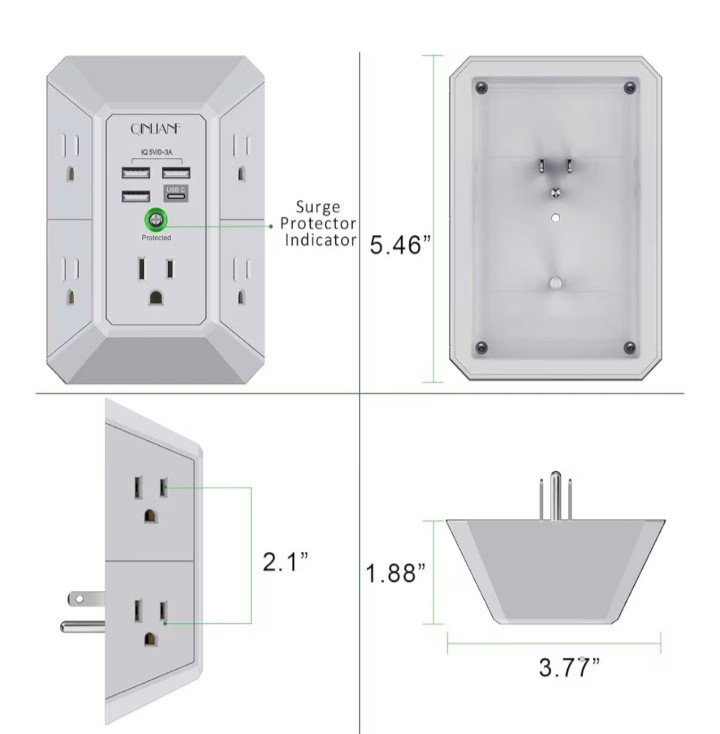 QINLIANF 5 Outlet Surge Protector, USB & USB-C Ports, 1680J, Fireproof, White gallery